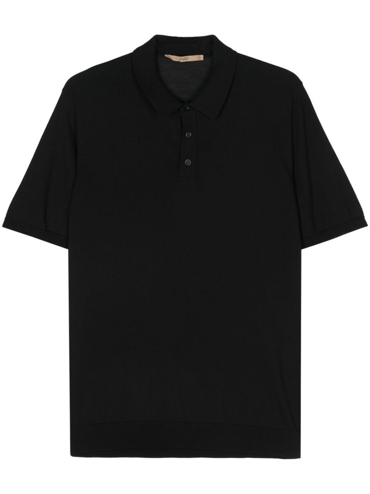 black cotton fine knit ribbed detailing polo collar short sleeves straight hem short front button fastening Plain Polo Shirts, Cotton Lycra Fabric, Men Polo Shirt, Collar T Shirt, City Shorts, Lycra Fabric, Knit Polo, Collar Tshirt, 8th Grade