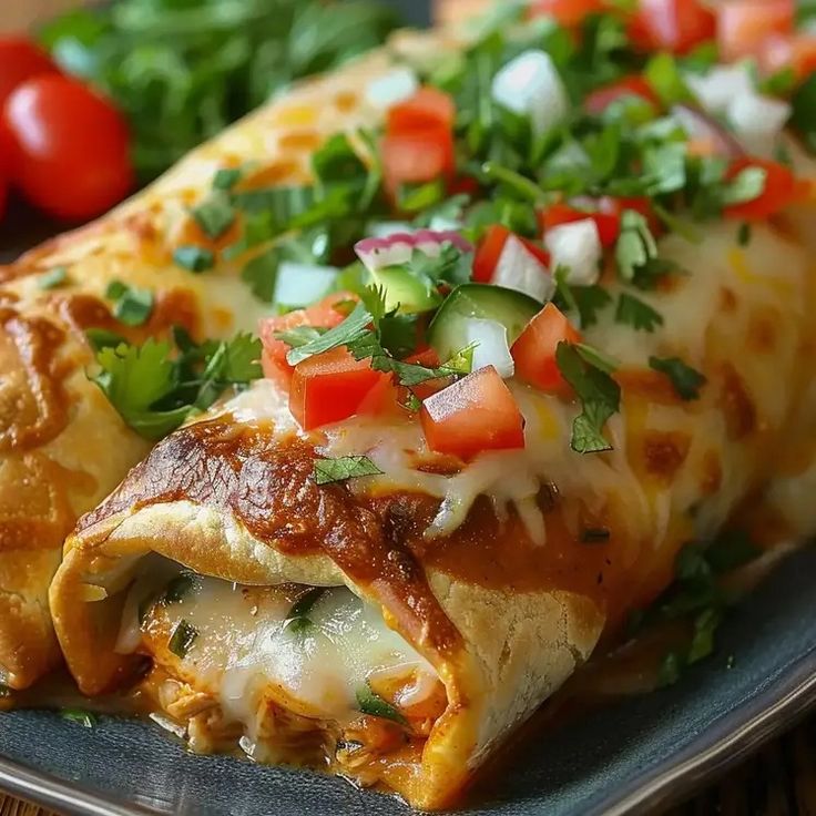 a close up of a burrito on a plate with tomatoes and lettuce