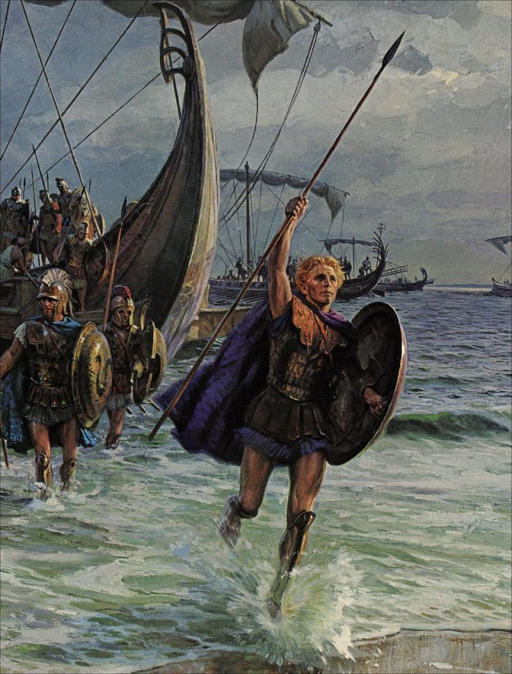 a painting of two men in armor walking through the water with their arms raised up