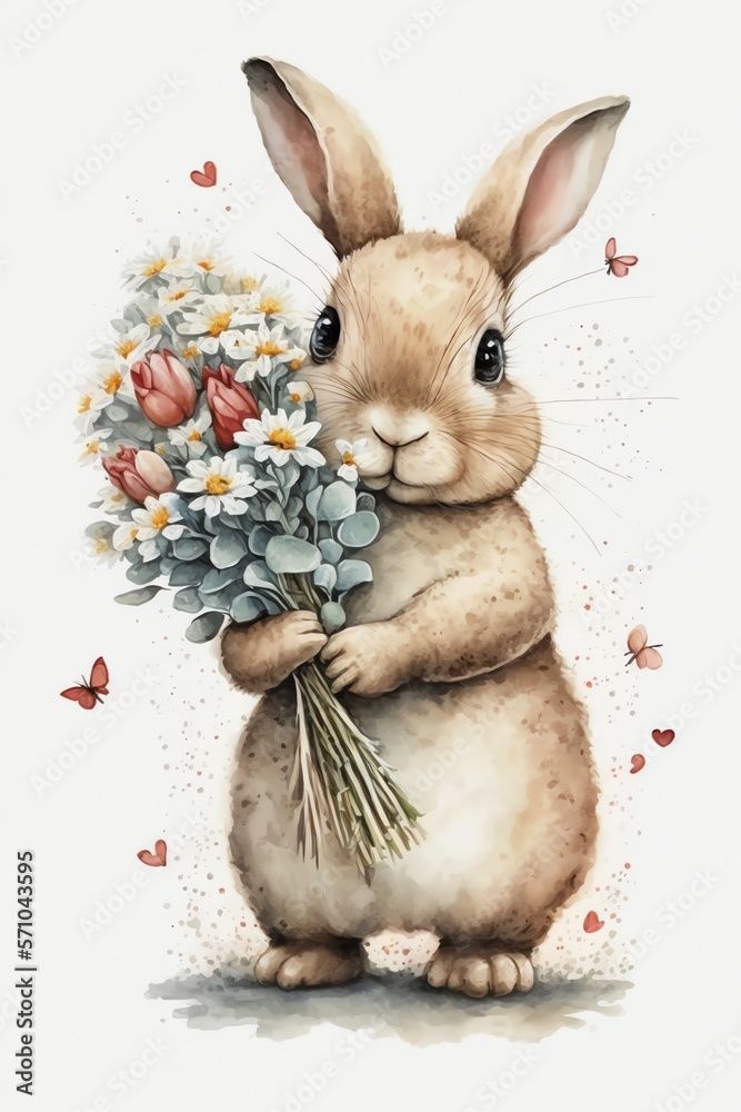 a watercolor painting of a rabbit holding flowers