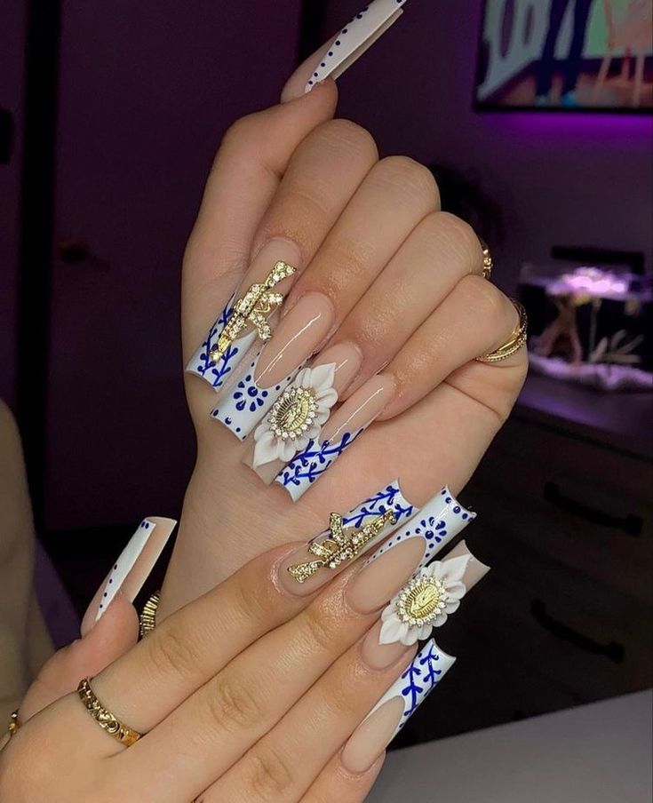 Blue Gold Nails, Azul Nails, Mexican Nails, Nails Toes, Quinceanera Nails, Acrylic Nails Nude, Tooth Gems, Colored Acrylic Nails, Girly Acrylic Nails