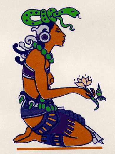 an image of a woman sitting on the ground holding a flower in her right hand