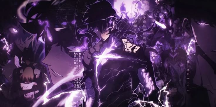 an anime character standing in front of purple lights with lightning coming out of his chest