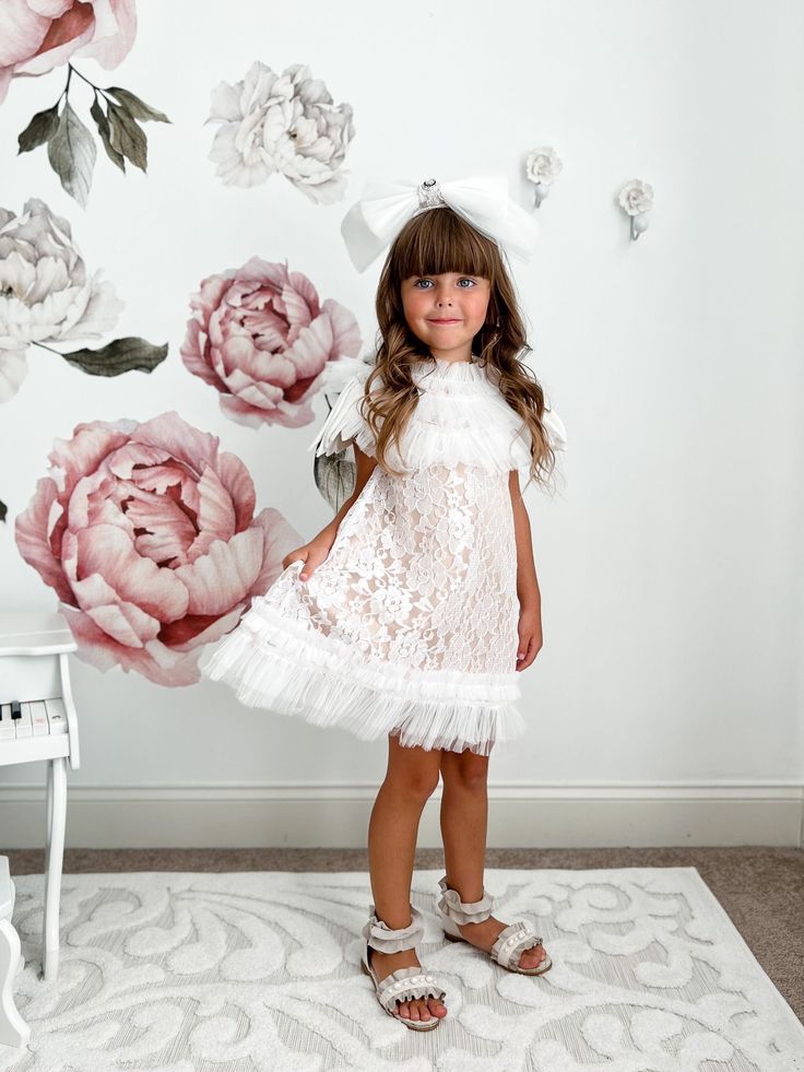 Dove Lace Overlay Dress – Petite Maison Kids Elegant Summer Lace Dress For First Communion, Elegant Ruffled Tutu Dress For First Communion, Cream Baptism Dress For Spring Party, Spring Party Baptism Dress In Cream, First Communion Tulle Dress With Ruffles, Elegant Cream Princess Dress With Tulle Skirt, Spring White Tutu Dress With Lace Bodice, Spring First Communion Tulle Dress, Elegant Cream Tutu Dress With Ruffles