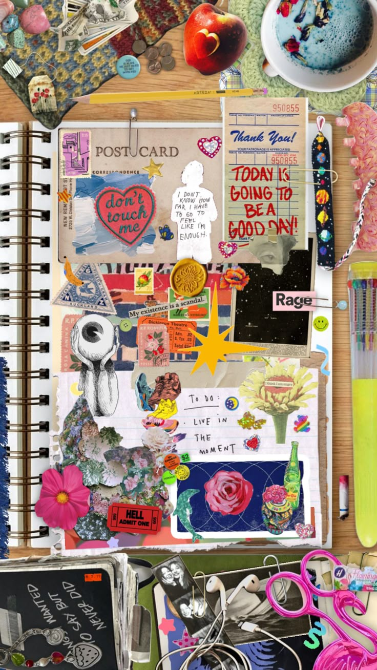 an open notebook with many different items on it