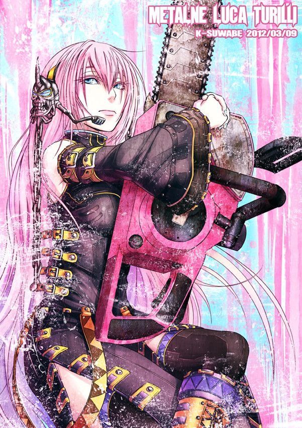 an anime character sitting on top of a pink chair with chains attached to it's legs