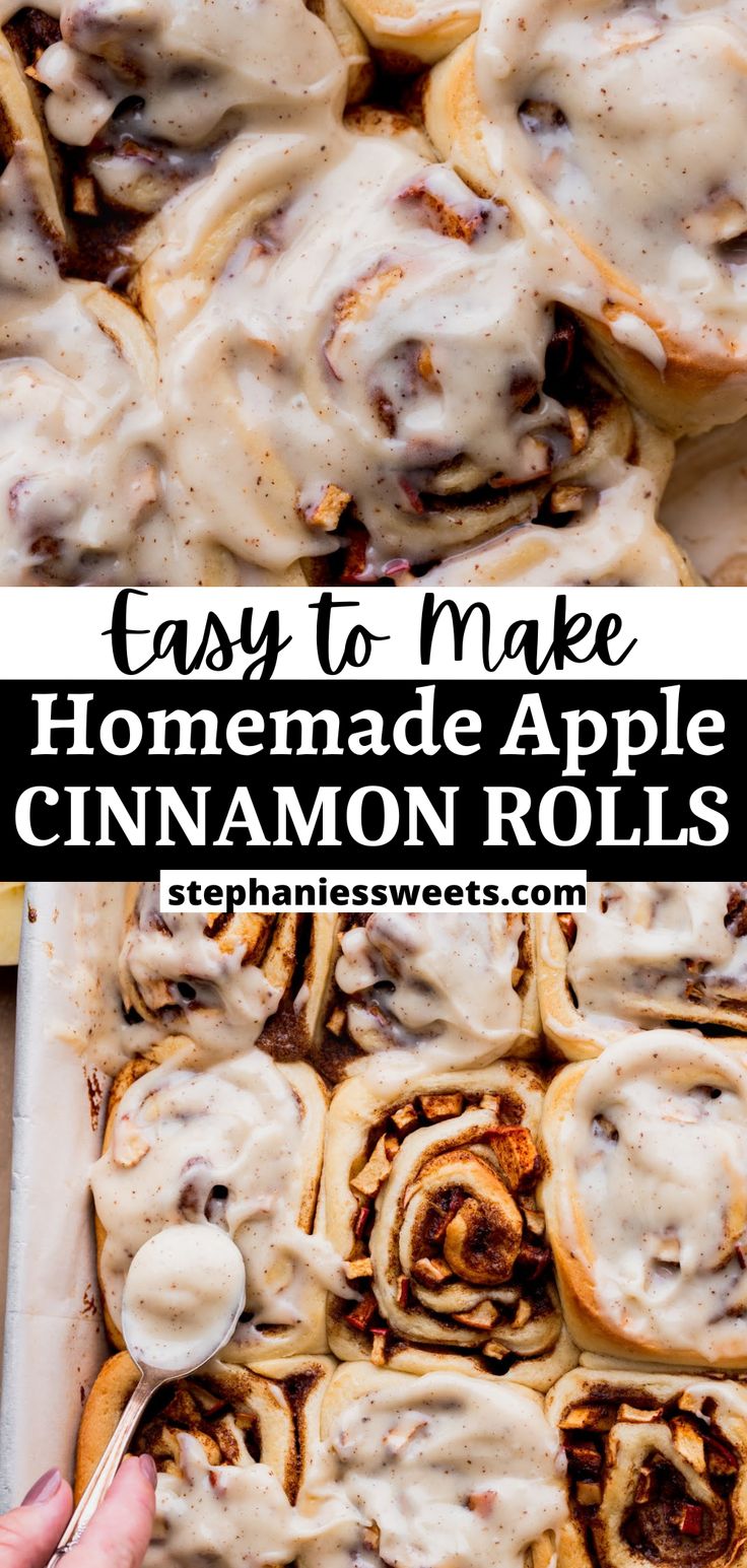 homemade apple cinnamon rolls with icing on top and in a baking pan, ready to be eaten