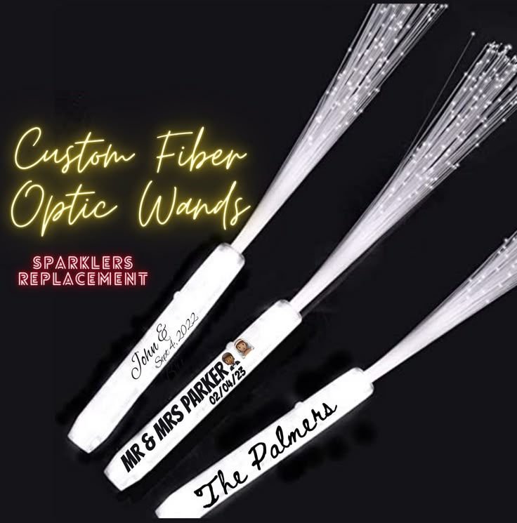 three white toothbrushes with the words custom fiber optic wands written on them