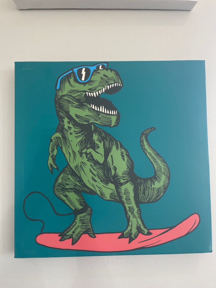 a painting of a dinosaur on a surfboard with sunglasses and a red board under it