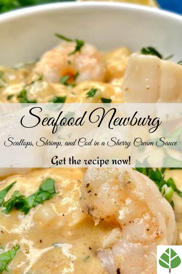 Seafood Newburg Recipe (Scallops, Shrimp, and Cod in a Sherry Cream Sauce) Easy Seafood Crockpot Recipes, Seafood Gratin Recipe, Seafood Ideas For Christmas, Newburg Sauce Recipe, Seafood Newburg Recipe Easy, Seafood Imperial Recipes, Seafood Casserole Recipes Main Courses, Seafood Recipes Sauce, Light Seafood Recipes