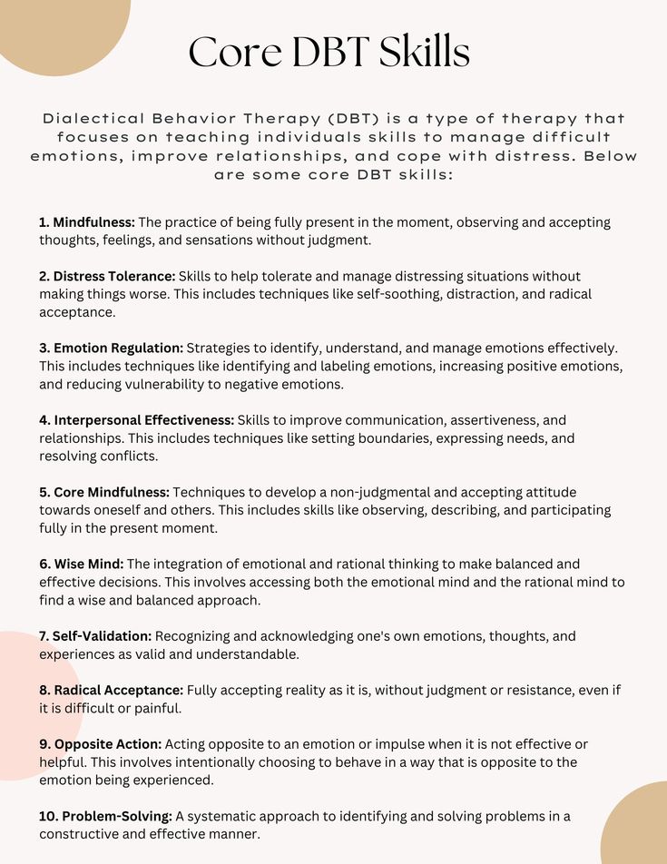 Dialectical Behavior Therapy (DBT) is a therapeutic modality that focuses on teaching individuals skills to manage difficult emotions, improve relationships, and cope with distress. This worksheet gives an overview of some core skills used in dialectical behavioral therapy. Dbt Skills Flowchart, Dbt Group Icebreakers, 6 Levels Of Validation Dbt, Dbt Activities For Groups, Willingness Vs Willfulness Dbt, Dbt Skills Emotional Regulation For Adults, The Dialectical Behavior Therapy Skills Workbook, Dbt Exercises For Adults, Dbt Activities For Adults