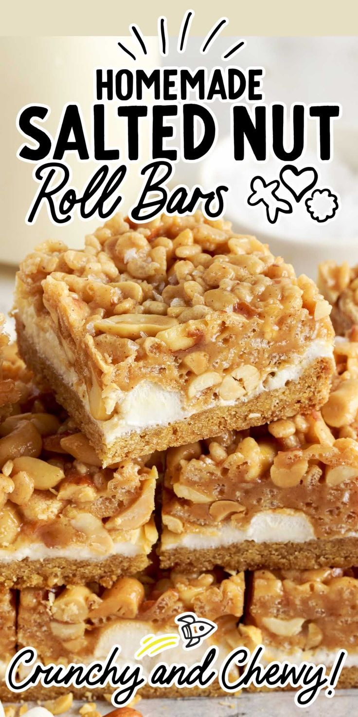 homemade salted nut roll bars are stacked on top of each other