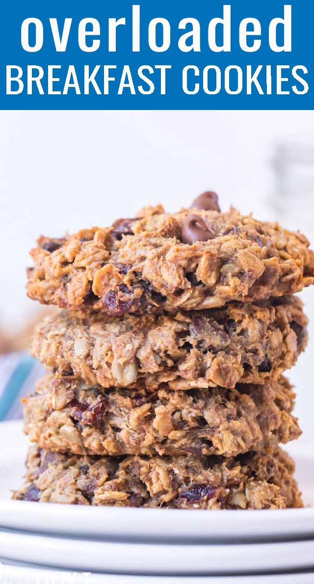 three oatmeal breakfast cookies stacked on top of each other with text overlay