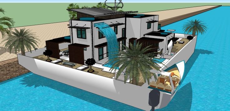 an artist's rendering of a house on the water with palm trees in front