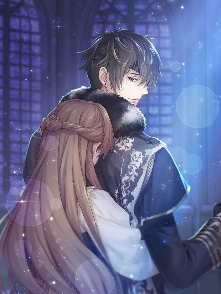 a man and woman hugging in front of a cityscape with stars on the sky