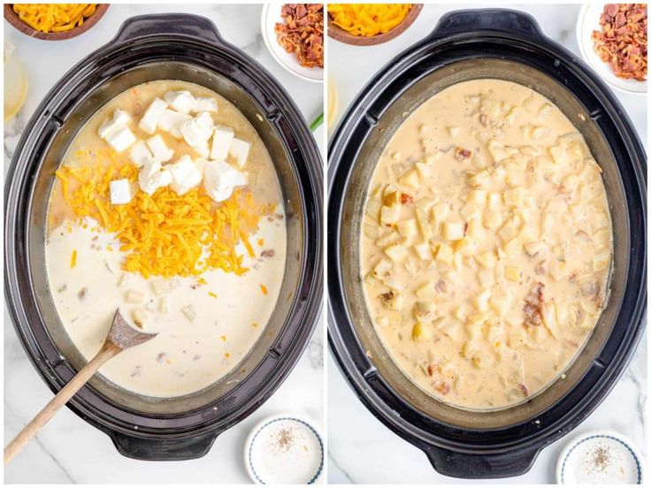 two images showing the process of making cheeseburger soup in an instant pot, and then adding ingredients to make it