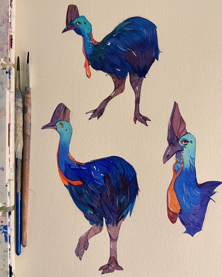 three different colored birds are shown on a piece of paper with watercolor pencils