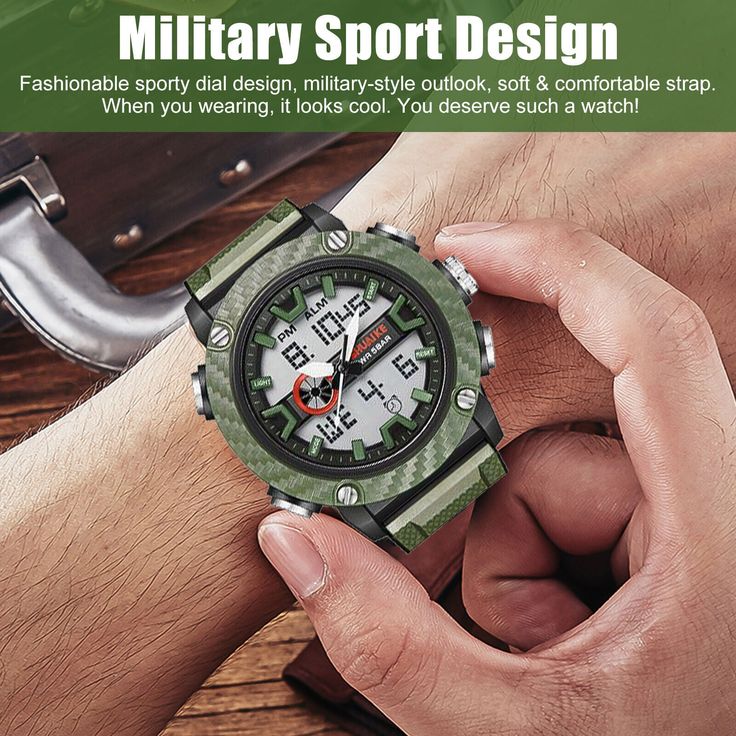 Product Description: 🌟⌚Military Sport Design: Fashionable sporty dial design, military-style outlook, soft & comfortable strap. When you wearing, it looks cool. You deserve such a watch! 🌟⌚Precise Time Keeping: Imported IC Chip Set provides precise and accurate timekeeping. Time is super easy to read with high transparency Rubber watch face and clear digital dial. 🌟⌚Comfort with Fashion: Soft and durable resin watch band with a dual dial design makes it comfortable to wear and leads you to ed Casual Wear-resistant Digital Watch With Round Dial, Casual Digital Watch With Wear-resistant Round Dial, Outdoor Wear-resistant Watch With Round Dial, Casual Sports Digital Watch Wear-resistant, Casual Wear-resistant Sports Digital Watch, Casual Wear-resistant Digital Watch For Sports, Green Casual Watch For Outdoor Activities, Casual Wear-resistant Digital Watch For Outdoors, Green Casual Digital Watch For Outdoor