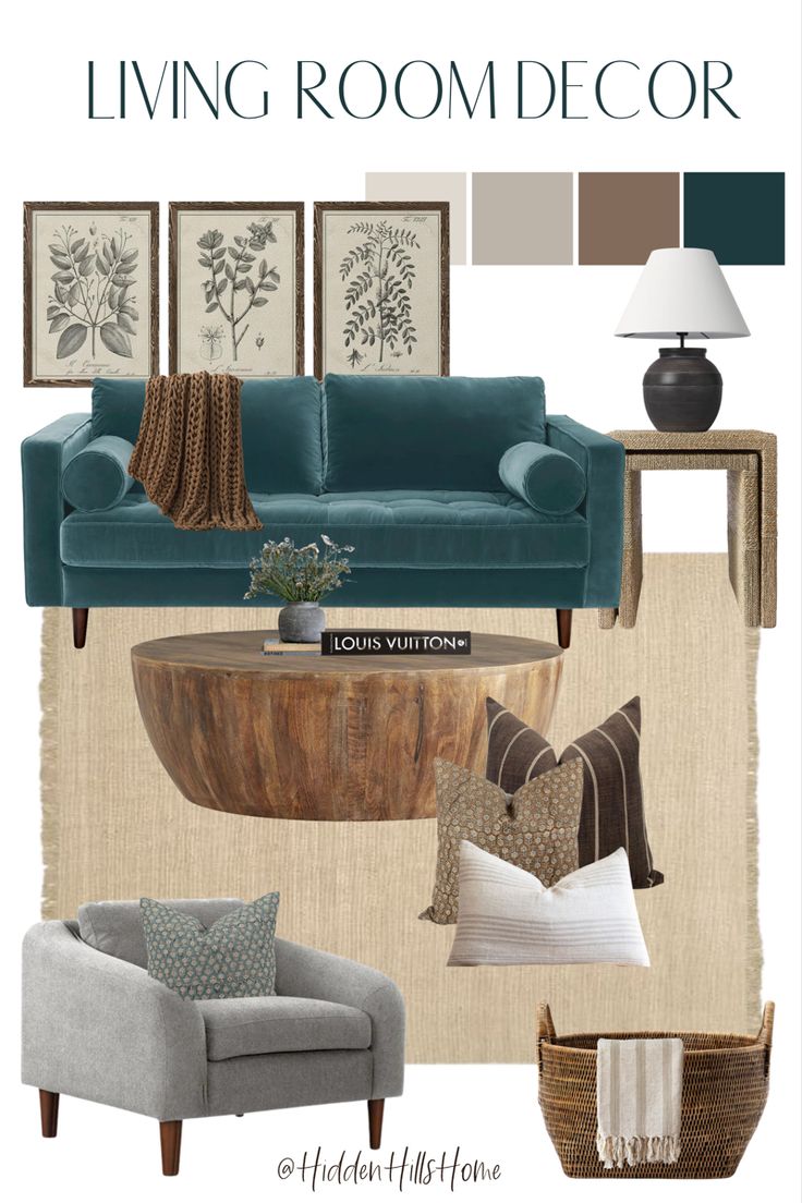 Living room design board with a teal sofa, neutral jute rug, and rich brown wood coffee table! Neutral complimenting tones throughout Turquoise Sofa Living Room Inspiration, Teal Tan And Grey Living Room, Turquoise Accents Living Room, Teal Inspired Living Room, Blue Teal Couch Living Room, Teal Sofa Decor Living Rooms, Living Room Teal Sofa Decor, Aqua And Brown Living Room, Living Room Designs Teal And Grey