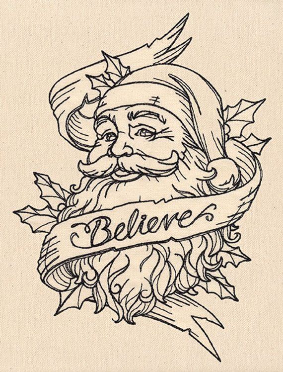 a drawing of santa claus holding a banner with the word believe on it and leaves around him