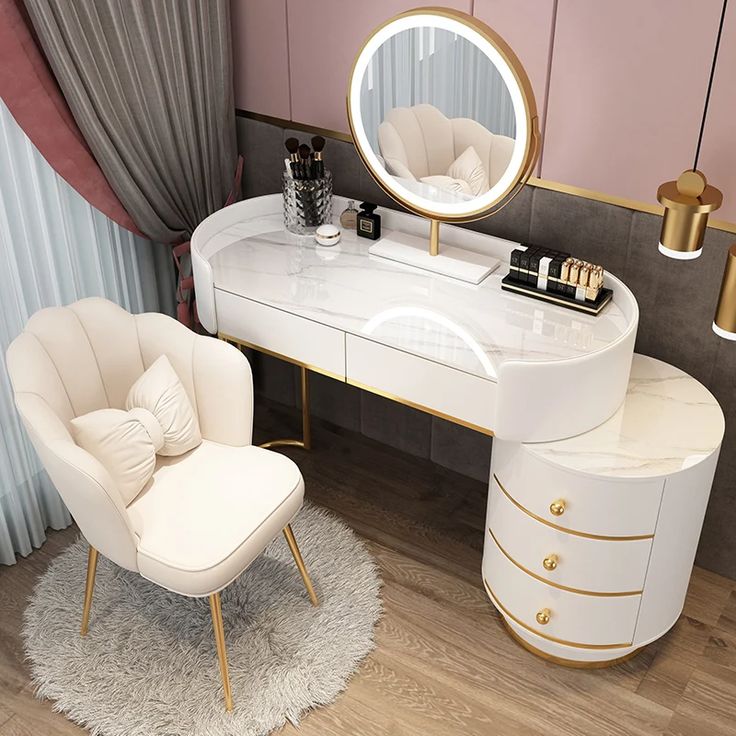 a white desk with a mirror and chair