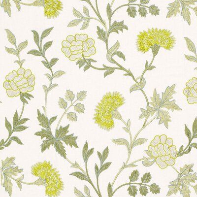 a white and yellow floral wallpaper with green leaves on the bottom half of it