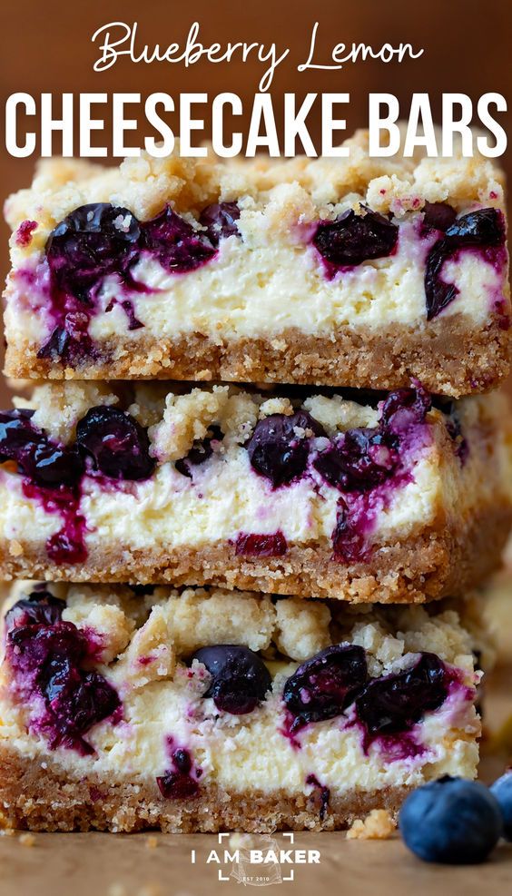 blueberry lemon cheesecake bars stacked on top of each other with the title above it