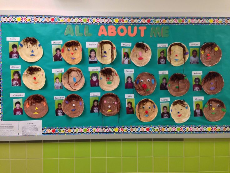 a bulletin board with many different faces on it in front of a green tiled wall