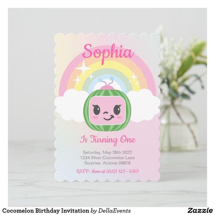 a birthday party card with an image of a baby's face on the front