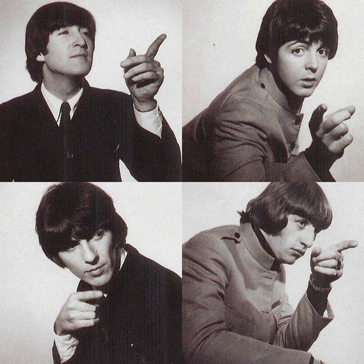 four pictures of the beatles in black and white, with one pointing to his finger