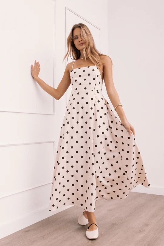 Kailana Midi Dress - Cream - Petal & Pup USA Feminine Polka Dot Dress For Brunch, Elegant Polka Dot Midi Dress For Spring, Chic A-line Polka Dot Dress, Sleeveless Polka Dot Dress With Tie Back, Feminine Fitted Polka Dot Dress, Fitted Feminine Polka Dot Dress, Fitted Polka Dot Feminine Dress, Polka Dot Maxi Length Dress For Brunch, Polka Dot Maxi Dress For Brunch