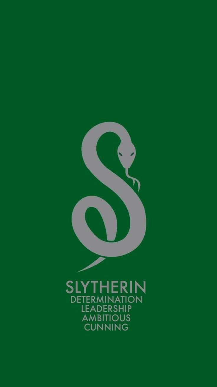 the slytherin logo is shown on a dark green background with silver lettering that reads,