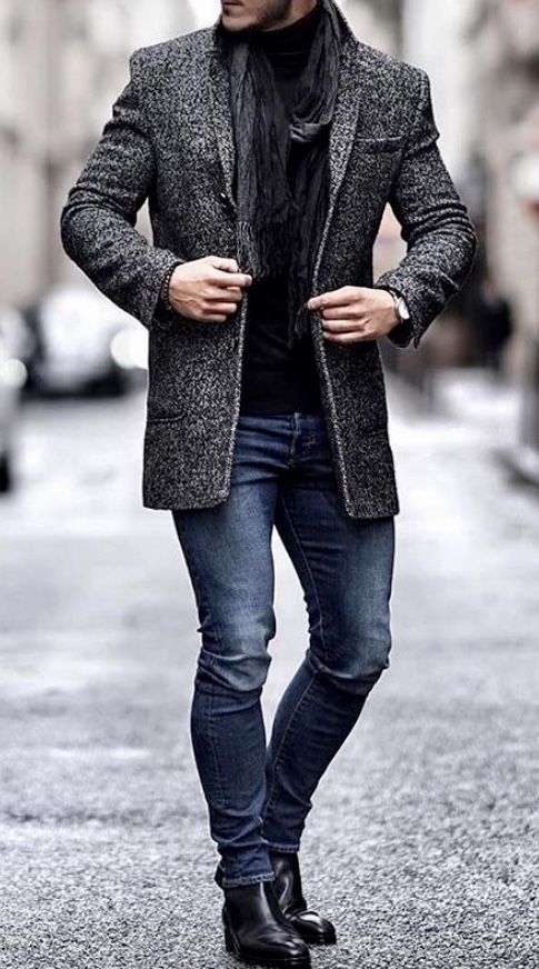 Dark Grey Overcoat Men Outfit, Dapper Man Style, Men’s New York Fashion, Winter Suits Men, Dark Jeans Outfit Men, Mens Autumn Fashion, Grey Overcoat, Mens Fashion Coat, Herren Style