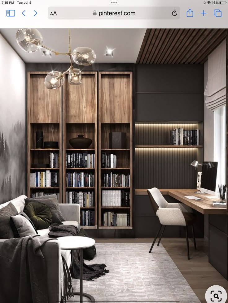 a living room filled with furniture next to a book shelf