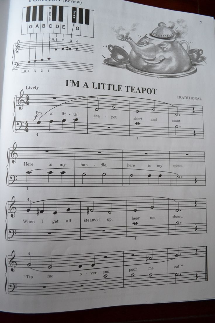 an open book with music sheets and musical notations on the front page, including i'm a little teapot