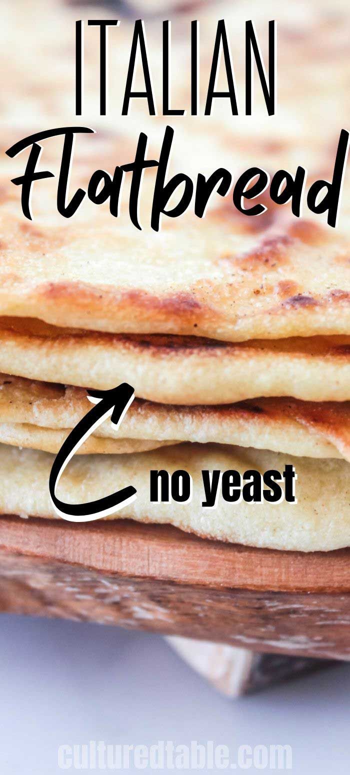 some flatbreads are stacked on top of each other with the words, italian flatbread 3 no yeast