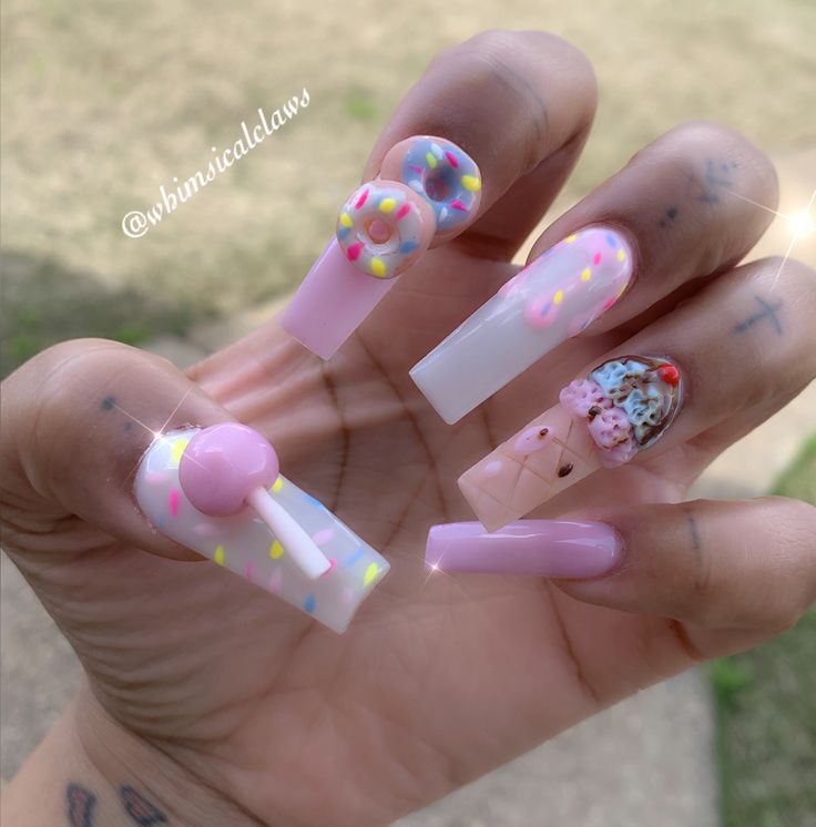 Lollipop Nails Designs, Donut Nails Acrylic, Ice Cream Cone Nails, Sweets Nails, Lollipop Nails, Donut Nails, Candy Nail Art, Candy Nails, Ice Cream Nails