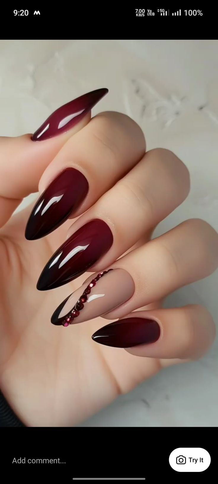 Dark Nails Inspiration Almond, Cherry Wine Nails French, Black And Maroon Nail Ideas, Cherry Red And Black Nails, Almond Nails Designs Red And Black, Black Burgundy Nails, Deep Red Nails Designs Burgundy, Wine Red And Black Nails, Dark Romantic Nails