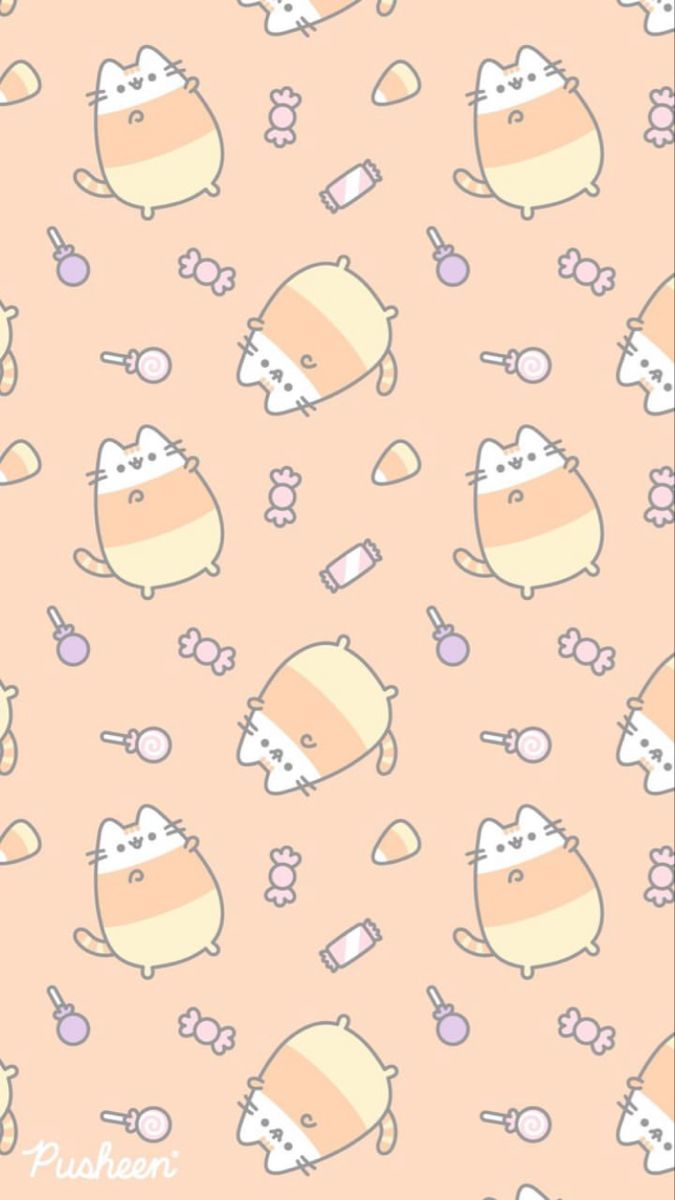 a pink wallpaper with many cats and bows on it's head, all in different colors