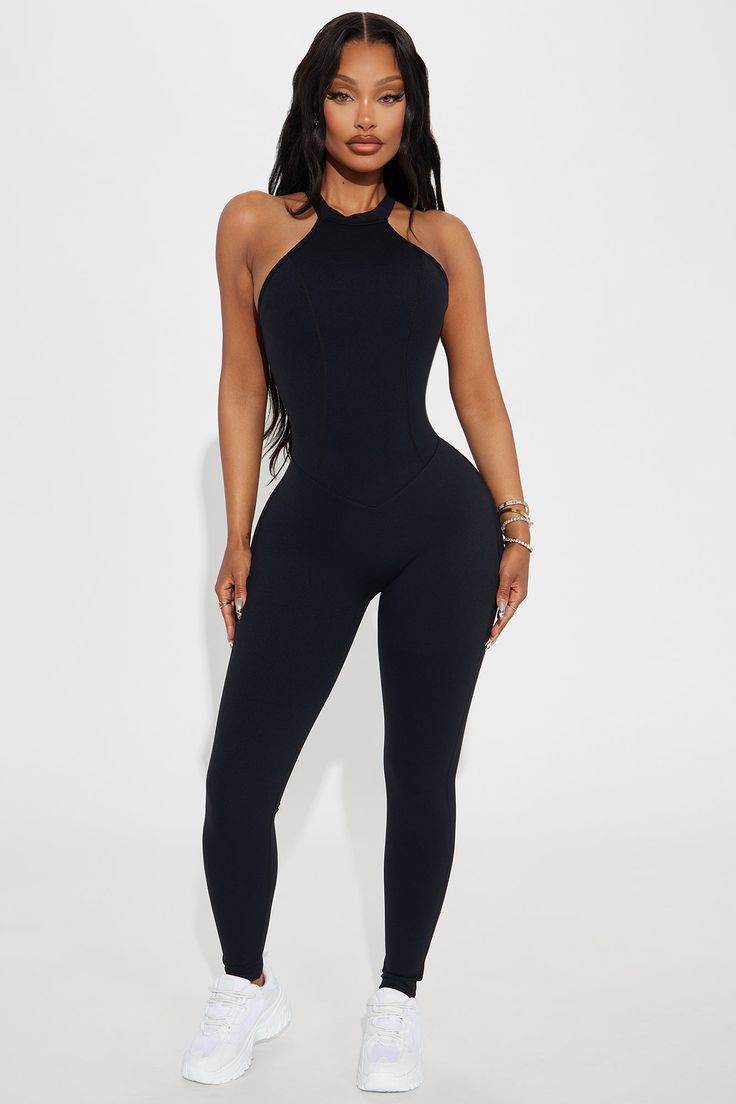 Available In Black And Taupe. Active Jumpsuit High Neck Sleeveless Skinny Leg Seamless Ruched Detail Backless Low Impact Stretch Shell: 78% Nylon 22% Spandex Imported | Be Flexible Active Jumpsuit in Black size XL by Fashion Nova Be Flexible, High Neck Sleeveless, Jeans Jumpsuit, Halloween Women, Matching Dresses, Black Jumpsuit, Dresses For Sale, Workout Clothes, Black Fashion