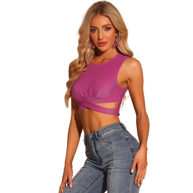 This cropped stretch-knit top is styled in a crisscross hem and all-over glitter. Crisscrosses are at the back and front, while a stretchy fabric creates the perfect fit. Pair it with shorts, skirts, skinny pants, a necklace, and sunglasses easily. The perfect eye-catching sleeveless crop top with metallic shining, allows you to shine at the party in the night. Party Tank Top, Shorts Skirts, Crop Tank Top, Sleeveless Crop Top, Workout Tank Tops, Halloween Women, Ladies Party, Sleeveless Tank Top, Cropped Tank Top