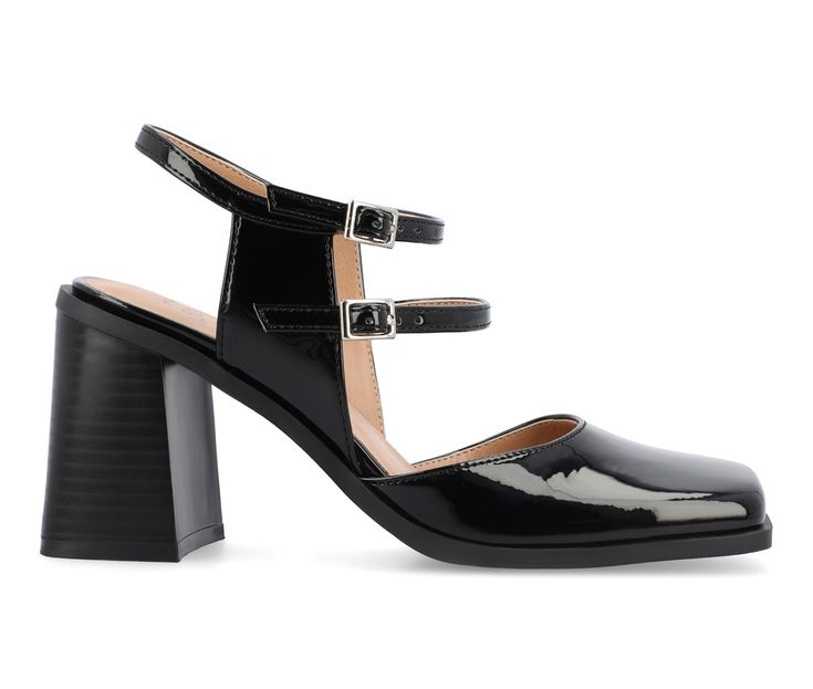 Elevate your style with the Caisey block heel sandal from Journee Collection, boasting a bold square toe and a striking 3 1/4-inch stacked heel. Crafted from faux leather, these heels feature a modern multi-strap design with a buckle closure for added flair. The 4 mm Tru Comfort Foam™ footbed, along with the man-made outer sole, guarantees both comfort and style, making the Caisey block heel a chic and versatile choice for any fashion-forward ensemble. Patent Luxe Faux Leather upper, Adjustable Evening Block Heels With Stacked Heel And Square Toe, Patent Leather Sandals With Padded Block Heel, Trendy Low Block Heels With Reinforced Heel, Spring Block Heels With Stacked Heel And Square Toe, Wide Fit Block Heels With Reinforced Heel, Trendy Patent Leather Sandals With Block Heel, Modern Block Heels With Stacked Heel And Square Toe, Modern Block Heels With Stacked Square Toe, Trendy Square Toe Heels With Stacked Heel