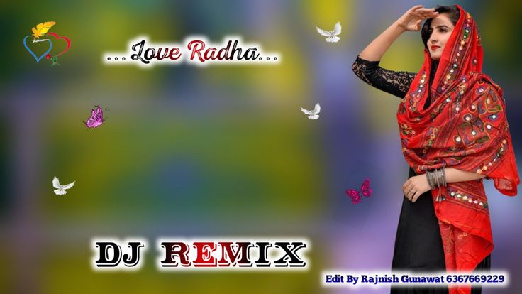 a woman wearing a red and black sari with butterflies flying around her head, in front of the words love radha dj mix