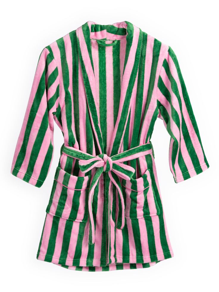 Add a subtly festive touch to your loungewear with Shiraleah’s Felicity Stripe Robe. With a vibrant, vertical striped pattern in bright green and feminine pink, this plush robe is perfect to wear year-round or to celebrate the holiday season. Made from luxuriously soft fabric with two front pockets and an adjustable wrap around belt, there is nothing else you’ll want on your body after a hot and refreshing shower! Pair with the matching Felicity Stripe Slippers, or other items from Shiraleah’s M Best Robes, Bath Robe Aesthetic, Kenzie Collective, Green Bathrobe, Cute Robes, Cute Bathrobe, Stripe Robe, Bathrobes For Women, Striped Slippers