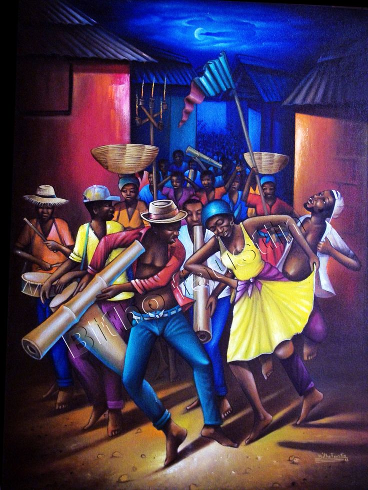 a painting of some people dancing in front of a group of other people with drums