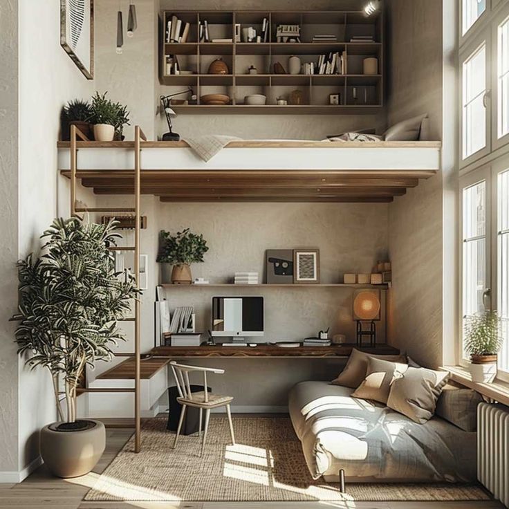 a living room with a couch, desk and bookshelf next to a window