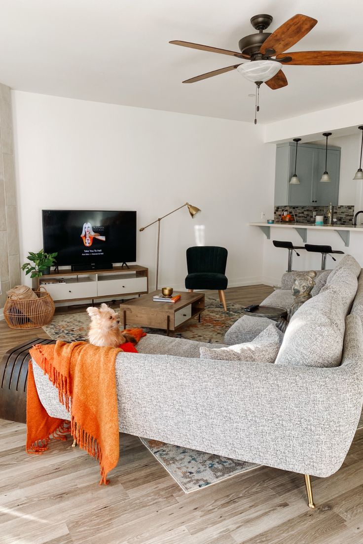 a living room filled with furniture and a flat screen tv on top of a wooden floor