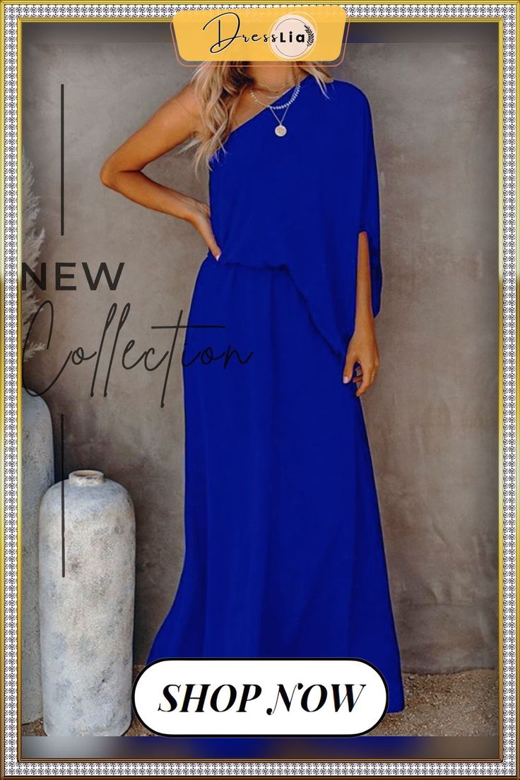 One-shoulder Solid Split Side Maxi Dress P13797 Chic One Shoulder Solid Color Dress, Blue Asymmetrical Neckline Beach Dress, Blue Beach Dress With Asymmetrical Neckline, Elegant One-shoulder Dress With Asymmetrical Neckline For Vacation, Elegant Vacation Maxi Dress With Asymmetrical Neckline, Elegant Cold Shoulder Maxi Dress For Summer, Elegant One Shoulder Dress For Vacation, Elegant Cold Shoulder Dresses For Vacation, Elegant Cold Shoulder Vacation Dress