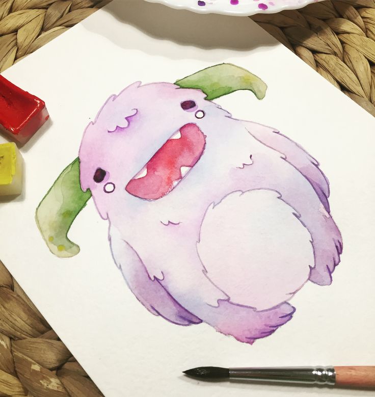 a watercolor painting of a pink monster with its mouth open