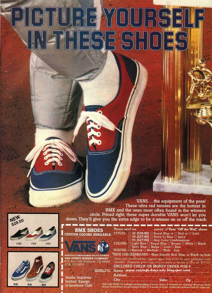 Vintage BMX Ads: PICTURE YOURSELF IN THESE SHOES Vans Shoes Old Skool, Vespa Scooter, Shoes Ads, Audi Rs6, Vw T4, Vintage Sneakers, Vintage Vans, Old Ads, Vans Off The Wall